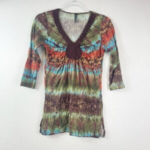ChaCha Vente Tie Dye V neck Top Women Small Crochet Boho Hippe Artsy Fairy Indie